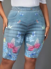SHEIN LUNE Hơn Loại bướm Hiệu ứng denim In Quần short đi xe - Màu xanh lam - Xem 5