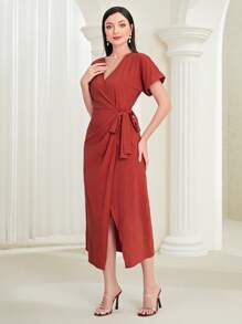 Seusyu 素色圍裹側打結連衣裙 - 紅色 - 查看 4