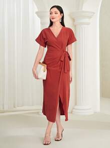 Seusyu 素色圍裹側打結連衣裙 - 紅色 - 查看 5