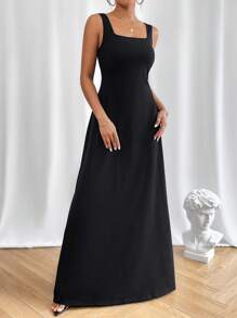 SHEIN Essnce 素色方領連衣裙 - 黑色 - 查看 3