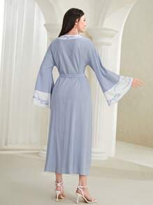 Mulvari Contrast Lace Trumpet Sleeve Belted Dress