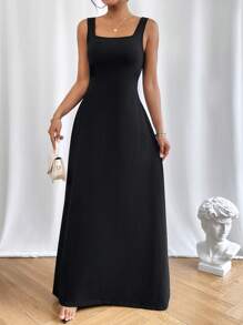 SHEIN Essnce 素色方領連衣裙 - 黑色 - 查看 4