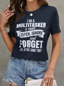 SHEIN LUNE Đồ họa Khẩu hiệu Áo thun - Màu xanh hải quân - Xem 1