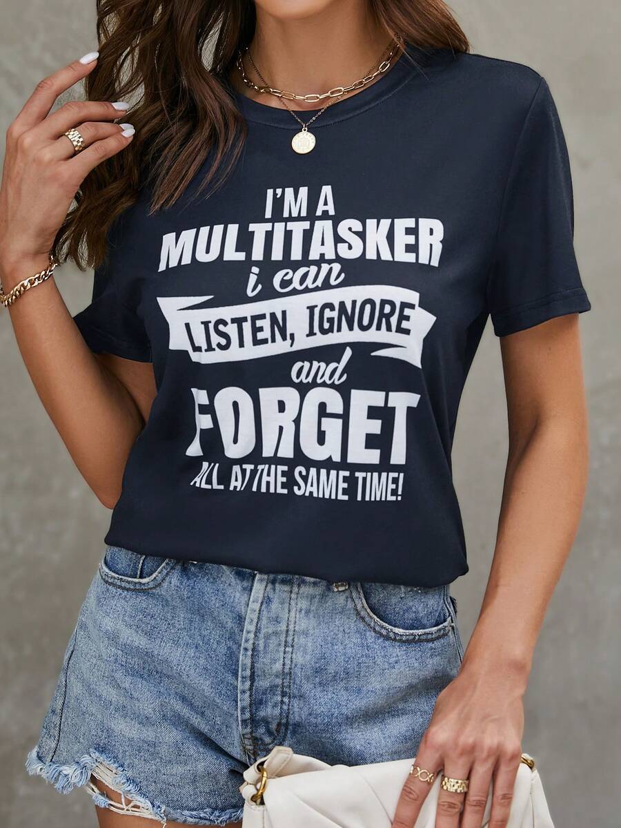 SHEIN LUNE Đồ họa Khẩu hiệu Áo thun - Màu xanh hải quân - Xem 1