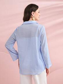 Seusyu 休閒前紐扣純色女士襯衫 - 藍色 - 查看 2