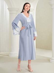 Mulvari Contrast Lace Trumpet Sleeve Belted Dress