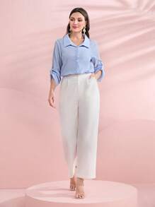 Seusyu 休閒前紐扣純色女士襯衫 - 藍色 - 查看 3