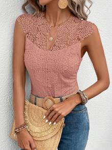 SHEIN Clasi Guipure Lace Panel Notched Neckline Bodysuit - Dusty Pink - View 1