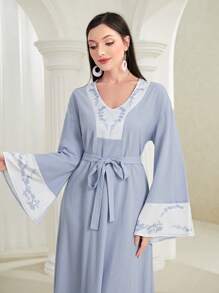 Mulvari Contrast Lace Trumpet Sleeve Belted Dress