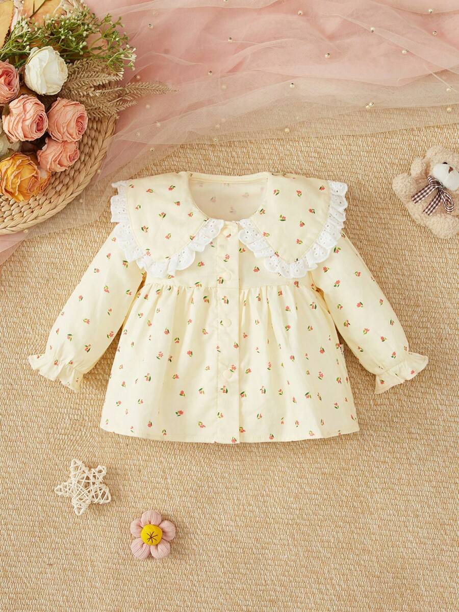 SHEIN Newborn Baby Girls Cute Floral Print Ruffled Collar Front Button Woven Blouse - Multicolor - View 1