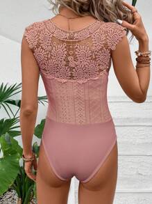 SHEIN Clasi Guipure Lace Panel Notched Neckline Bodysuit - Dusty Pink - View 2