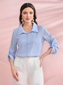 Seusyu 休閒前紐扣純色女士襯衫 - 藍色 - 查看 5
