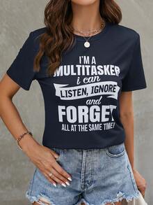 SHEIN LUNE Đồ họa Khẩu hiệu Áo thun - Màu xanh hải quân - Xem 5