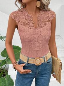 SHEIN Clasi Guipure Lace Panel Notched Neckline Bodysuit - Dusty Pink - View 3