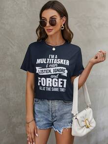 SHEIN LUNE Đồ họa Khẩu hiệu Áo thun - Màu xanh hải quân - Xem 6