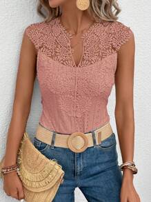 SHEIN Clasi Guipure Lace Panel Notched Neckline Bodysuit - Dusty Pink - View 4