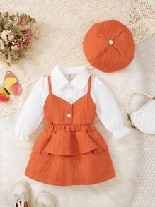 女嬰優雅襯衫裙套裝帶帽子，適合秋季派對 - 橘色 - 查看 1