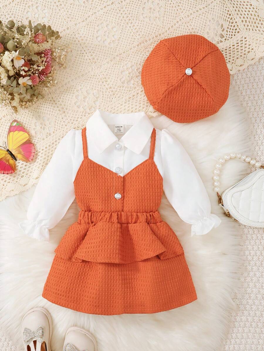 女嬰優雅襯衫裙套裝帶帽子，適合秋季派對 - 橘色 - 查看 1
