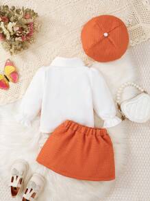 女嬰優雅襯衫裙套裝帶帽子，適合秋季派對 - 橘色 - 查看 2