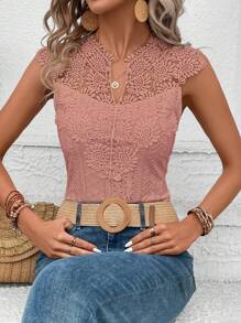 SHEIN Clasi Guipure Lace Panel Notched Neckline Bodysuit - Dusty Pink - View 5