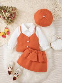女嬰優雅襯衫裙套裝帶帽子，適合秋季派對 - 橘色 - 查看 3