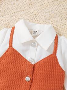 女嬰優雅襯衫裙套裝帶帽子，適合秋季派對 - 橘色 - 查看 4