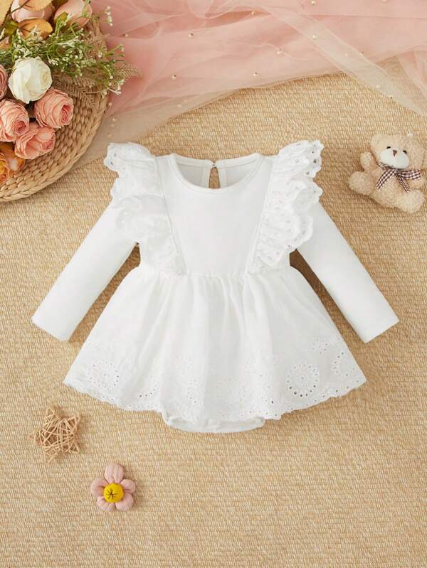 SHEIN Newborn Baby Girls' Adorable Double-layered Lace Shoulder Decor Long Sleeve Dress