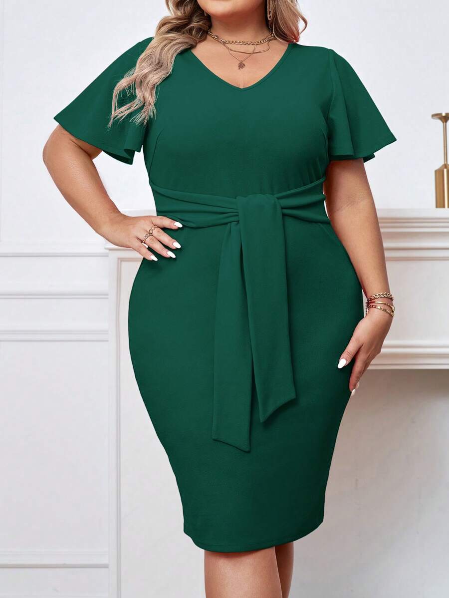 SHEIN Privé Hơn áo tay bướm Nút phía trước Váy bodycon - Màu xanh lá cây đậm - Xem 1