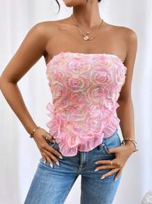 SHEIN Privé Top bandeau aplique ribete con fruncido bajo pañuelo - Rosa Pálido - Ver 3
