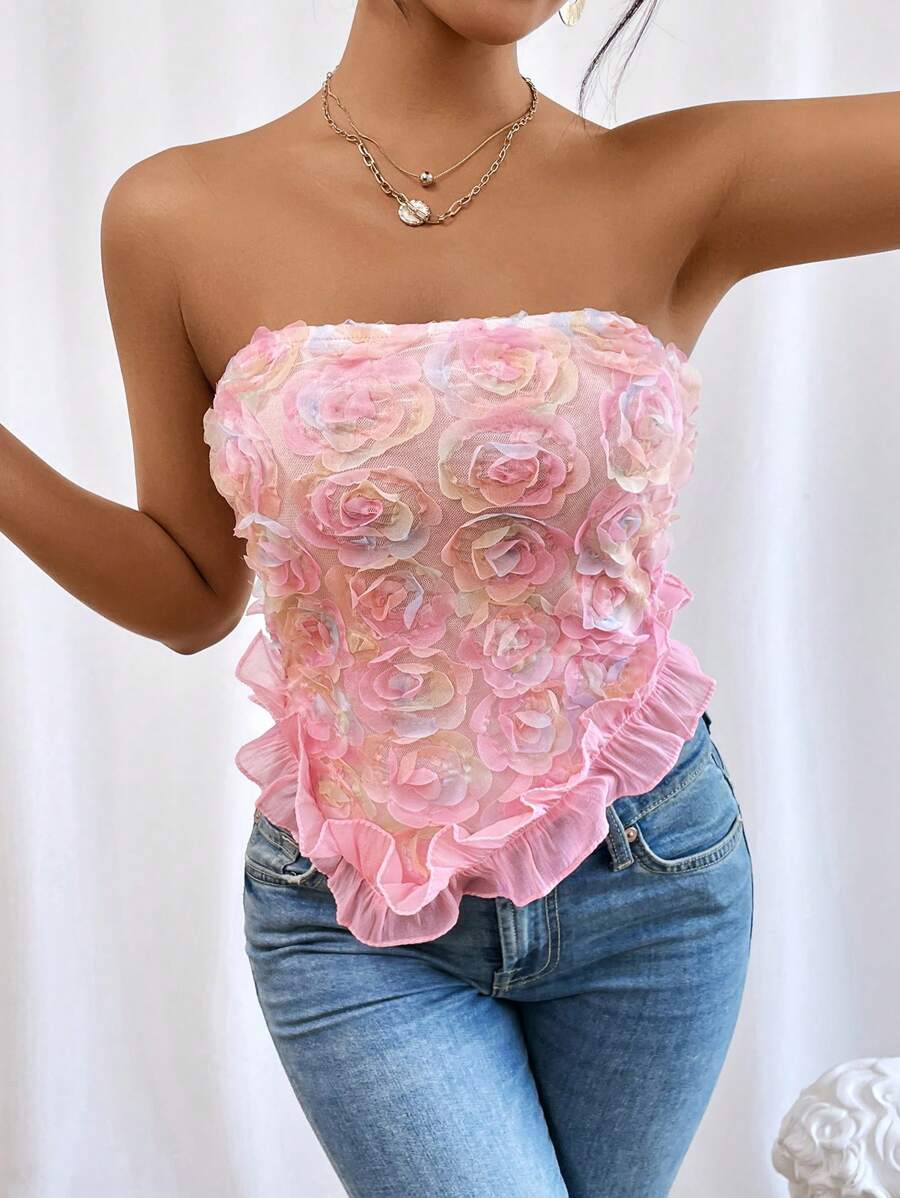 SHEIN Privé Top bandeau aplique ribete con fruncido bajo pañuelo - Rosa Pálido - Ver 1