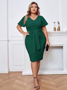 SHEIN Privé Hơn áo tay bướm Nút phía trước Váy bodycon - Màu xanh lá cây đậm - Xem 3