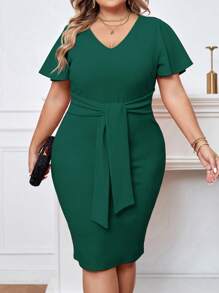 SHEIN Privé Hơn áo tay bướm Nút phía trước Váy bodycon - Màu xanh lá cây đậm - Xem 4