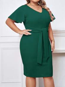 SHEIN Privé Hơn áo tay bướm Nút phía trước Váy bodycon - Màu xanh lá cây đậm - Xem 5
