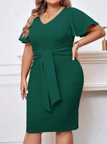 SHEIN Privé Hơn áo tay bướm Nút phía trước Váy bodycon - Màu xanh lá cây đậm - Xem 6