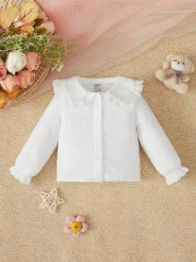 SHEIN Newborn Baby Girls' Cute Peter Pan Collar Lace-Trimmed Long Sleeve Top