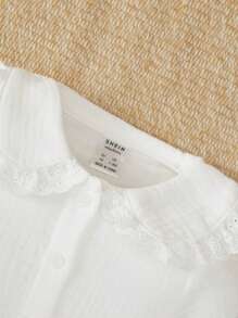 SHEIN Newborn Baby Girls' Cute Peter Pan Collar Lace-Trimmed Long Sleeve Top