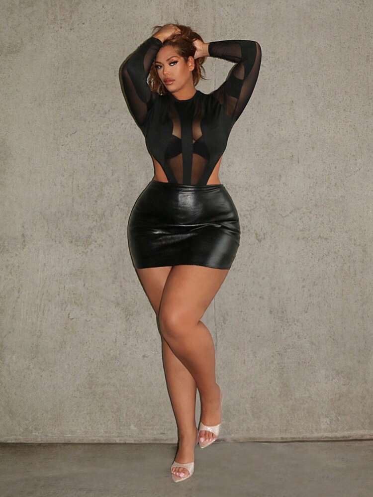 Plus Contrast Mesh High Cut Bodysuit