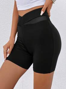 SHEIN LUNE 網紗拼接騎行褲 - 黑色 - 查看 1