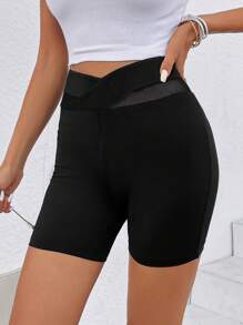 SHEIN LUNE 網紗拼接騎行褲 - 黑色 - 查看 3