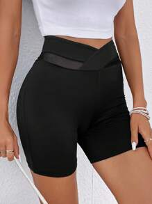 SHEIN LUNE 網紗拼接騎行褲 - 黑色 - 查看 5