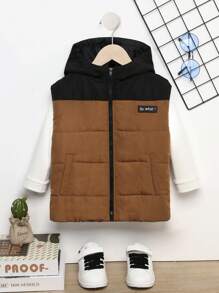 SHEIN Chàng trai trẻ Giải trí Và Linh hoạt 1 Miếng áo có mũ Áo vest Với Slogan Cắt dán , Dây kéo Chi tiết , Và Đệm Đối với Mùa Thu /đông - màu nâu - Xem 1