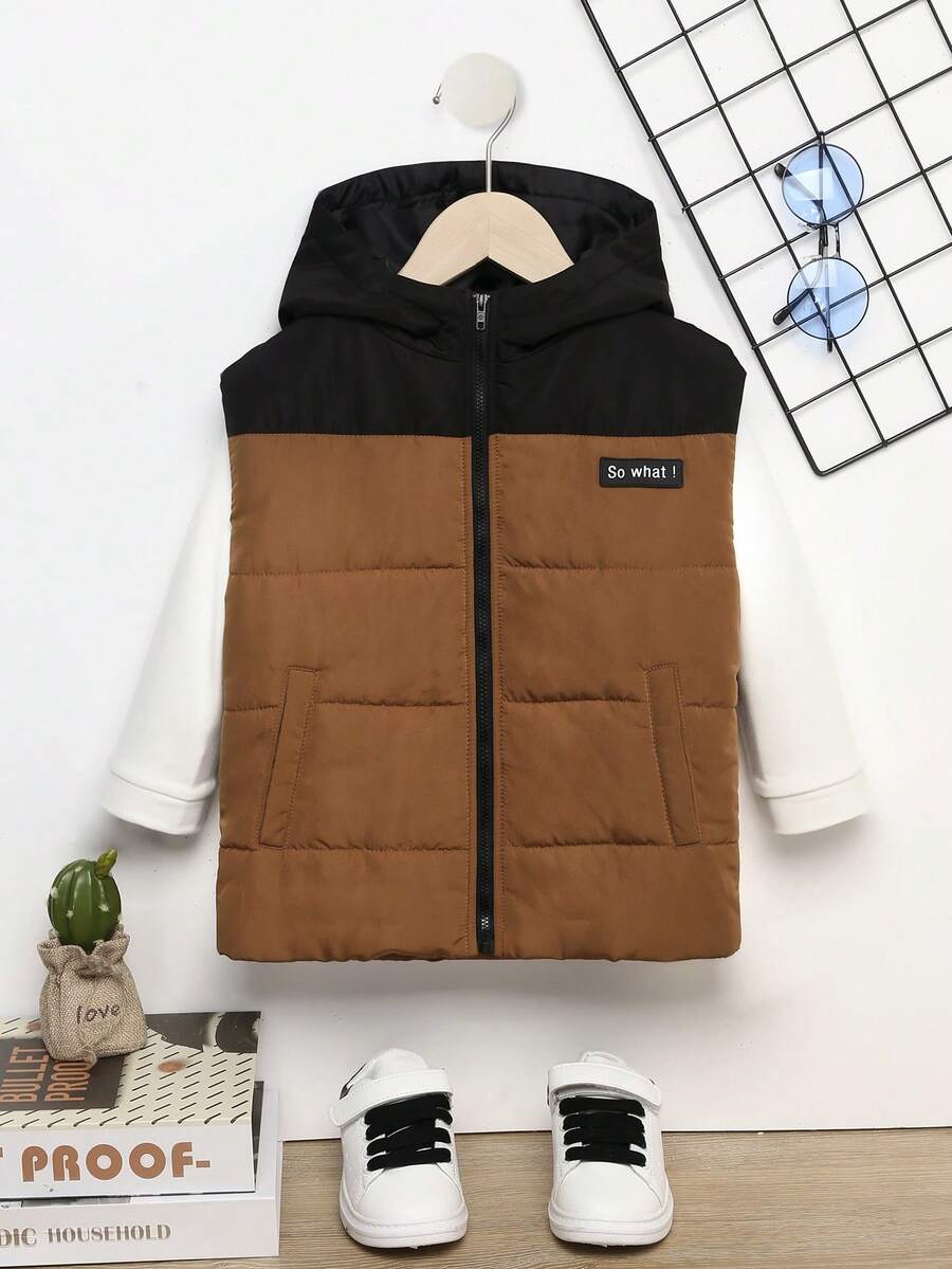 SHEIN Chàng trai trẻ Giải trí Và Linh hoạt 1 Miếng áo có mũ Áo vest Với Slogan Cắt dán , Dây kéo Chi tiết , Và Đệm Đối với Mùa Thu /đông - màu nâu - Xem 1