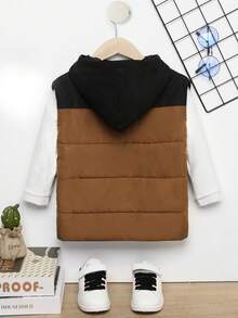 SHEIN Chàng trai trẻ Giải trí Và Linh hoạt 1 Miếng áo có mũ Áo vest Với Slogan Cắt dán , Dây kéo Chi tiết , Và Đệm Đối với Mùa Thu /đông - màu nâu - Xem 2