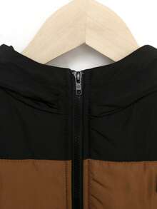 SHEIN Chàng trai trẻ Giải trí Và Linh hoạt 1 Miếng áo có mũ Áo vest Với Slogan Cắt dán , Dây kéo Chi tiết , Và Đệm Đối với Mùa Thu /đông - màu nâu - Xem 3