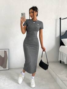 SHEIN EZwear Letter Embroidery Ruched Bodycon Dress - Grey - View 1