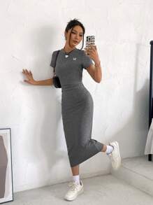 SHEIN EZwear Letter Embroidery Ruched Bodycon Dress - Grey - View 4