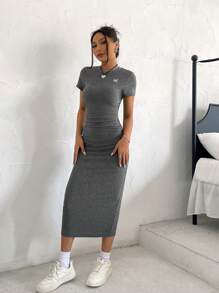 SHEIN EZwear Letter Embroidery Ruched Bodycon Dress - Grey - View 5