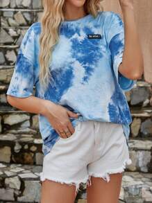SHEIN LUNE Tie Dye Slogan Patched Detail Drop Shoulder Tee So What - Blue - View 1