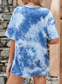 SHEIN LUNE Tie Dye Slogan Patched Detail Drop Shoulder Tee So What - Blue - View 2