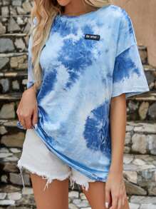 SHEIN LUNE Tie Dye Slogan Patched Detail Drop Shoulder Tee So What - Blue - View 3